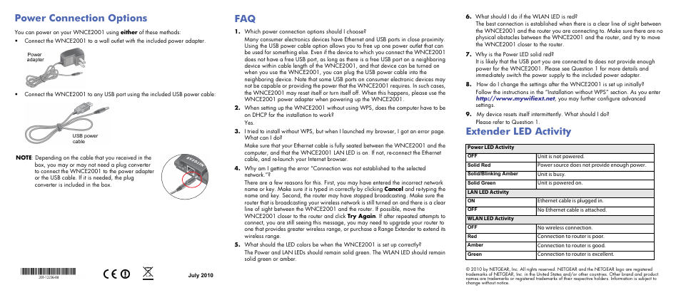 Power connection options, Extender led activity | NETGEAR Universal WiFi Internet Adapter WNCE2001 User Manual | Page 2 / 2