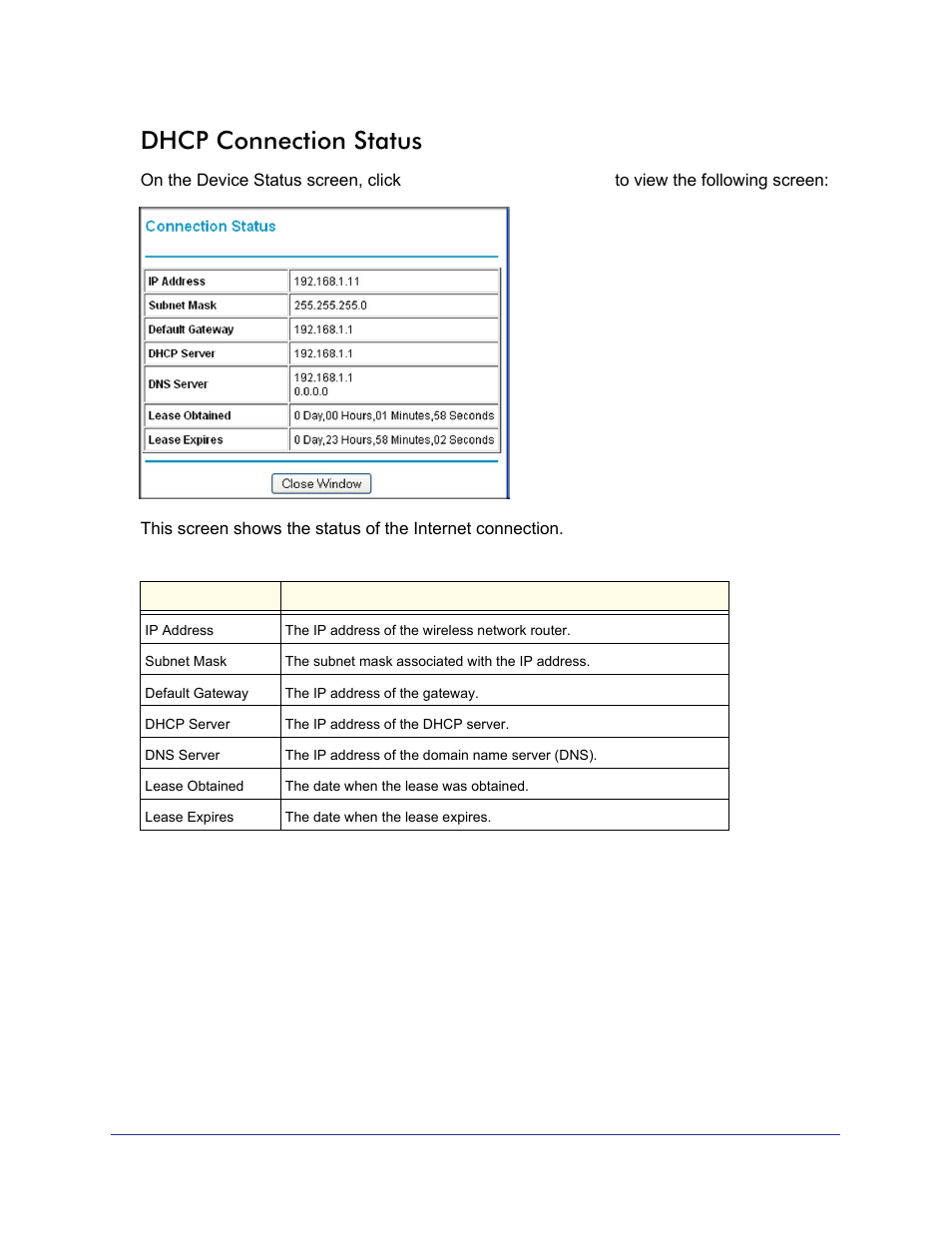 Dhcp connection status, Dhcp, Connection status | NETGEAR Universal WiFi Internet Adapter WNCE2001 User Manual | Page 12 / 26