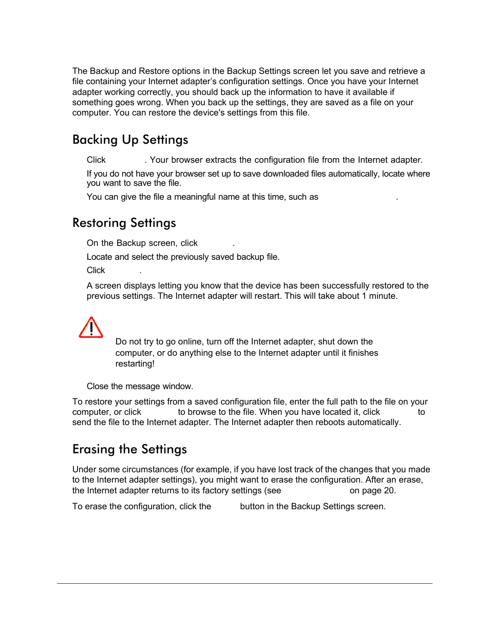 Backing up settings, Restoring settings, Erasing the settings | NETGEAR Universal WiFi Internet Adapter WNCE2001 User Manual | Page 14 / 26