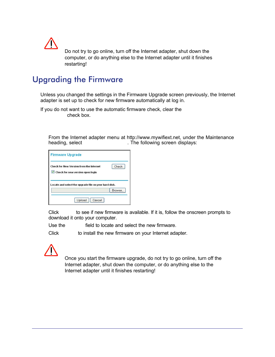Upgrading the firmware, Upgrading the, Firmware | NETGEAR Universal WiFi Internet Adapter WNCE2001 User Manual | Page 15 / 26