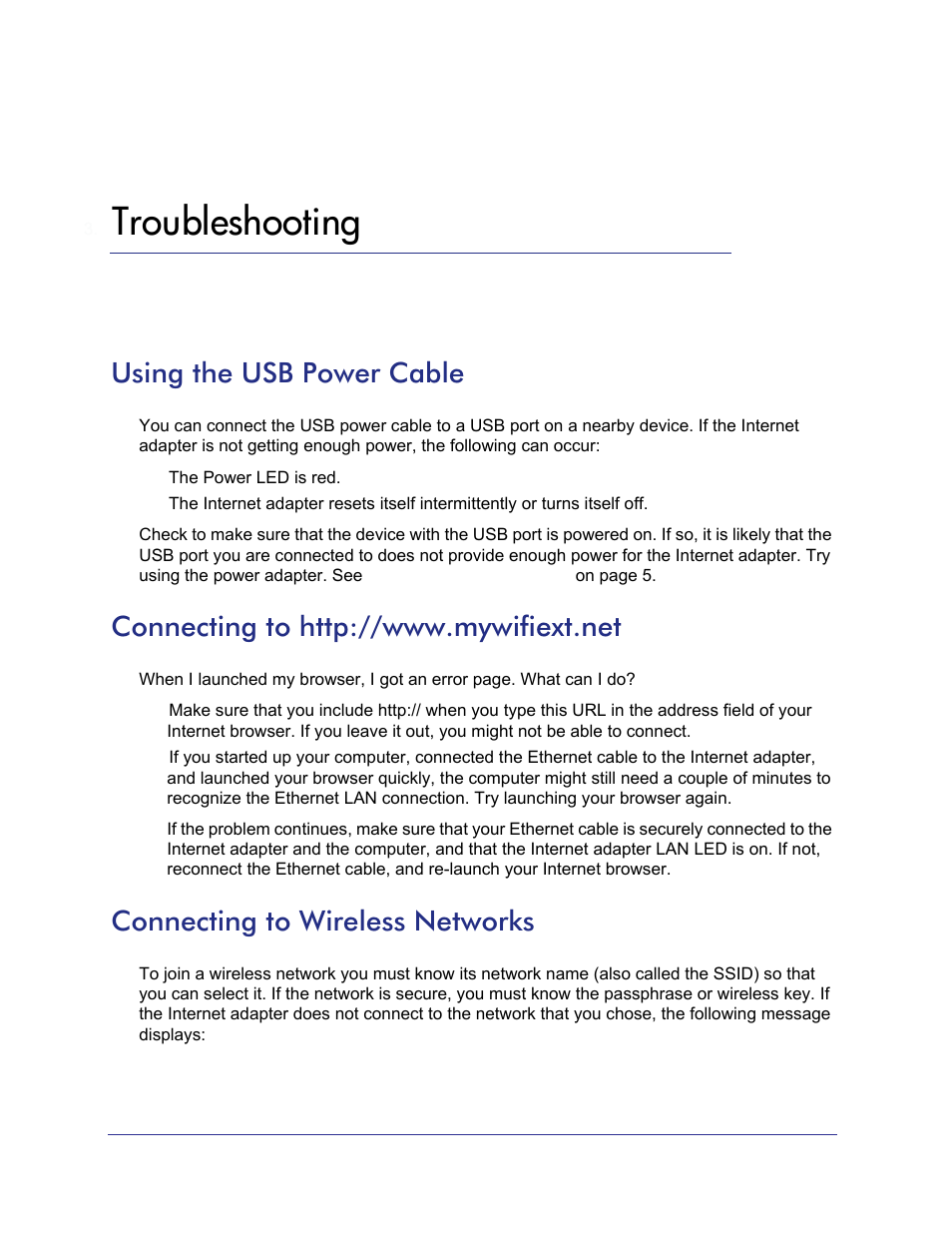 Troubleshooting, Using the usb power cable, Connecting to http://www.mywifiext.net | Connecting to wireless networks, Chapter 3 | NETGEAR Universal WiFi Internet Adapter WNCE2001 User Manual | Page 18 / 26