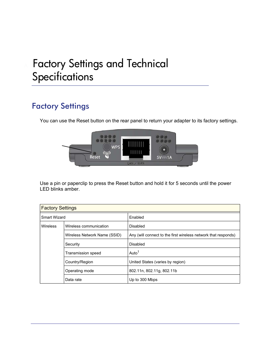 A. factory settings and technical specifications, Factory settings, Appendix a | Factory settings and technical specifications | NETGEAR Universal WiFi Internet Adapter WNCE2001 User Manual | Page 20 / 26