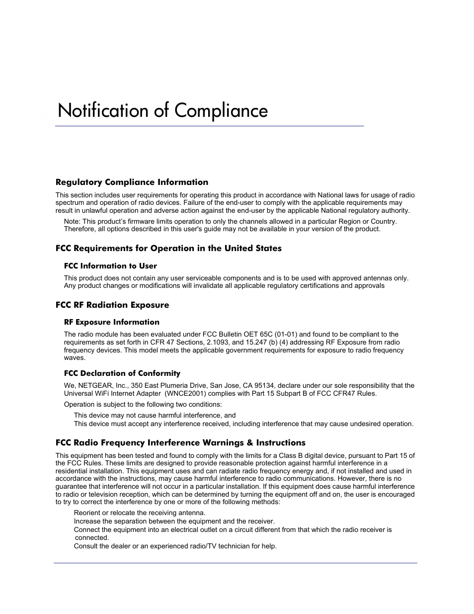 C. notification of compliance, Notification of compliance | NETGEAR Universal WiFi Internet Adapter WNCE2001 User Manual | Page 23 / 26