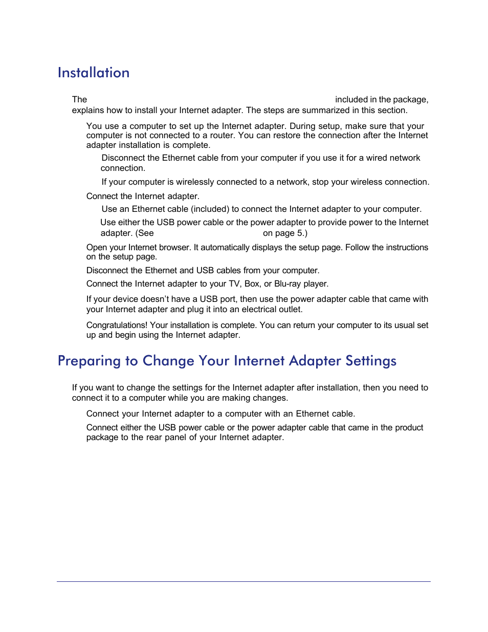 Installation, Preparing to change your internet adapter settings | NETGEAR Universal WiFi Internet Adapter WNCE2001 User Manual | Page 6 / 26