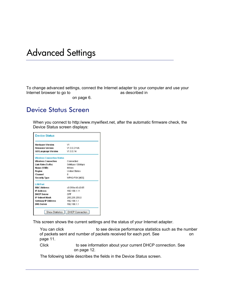 Advanced settings, Device status screen, Chapter 2 | Chapter 2, advanced settings | NETGEAR Universal WiFi Internet Adapter WNCE2001 User Manual | Page 9 / 26