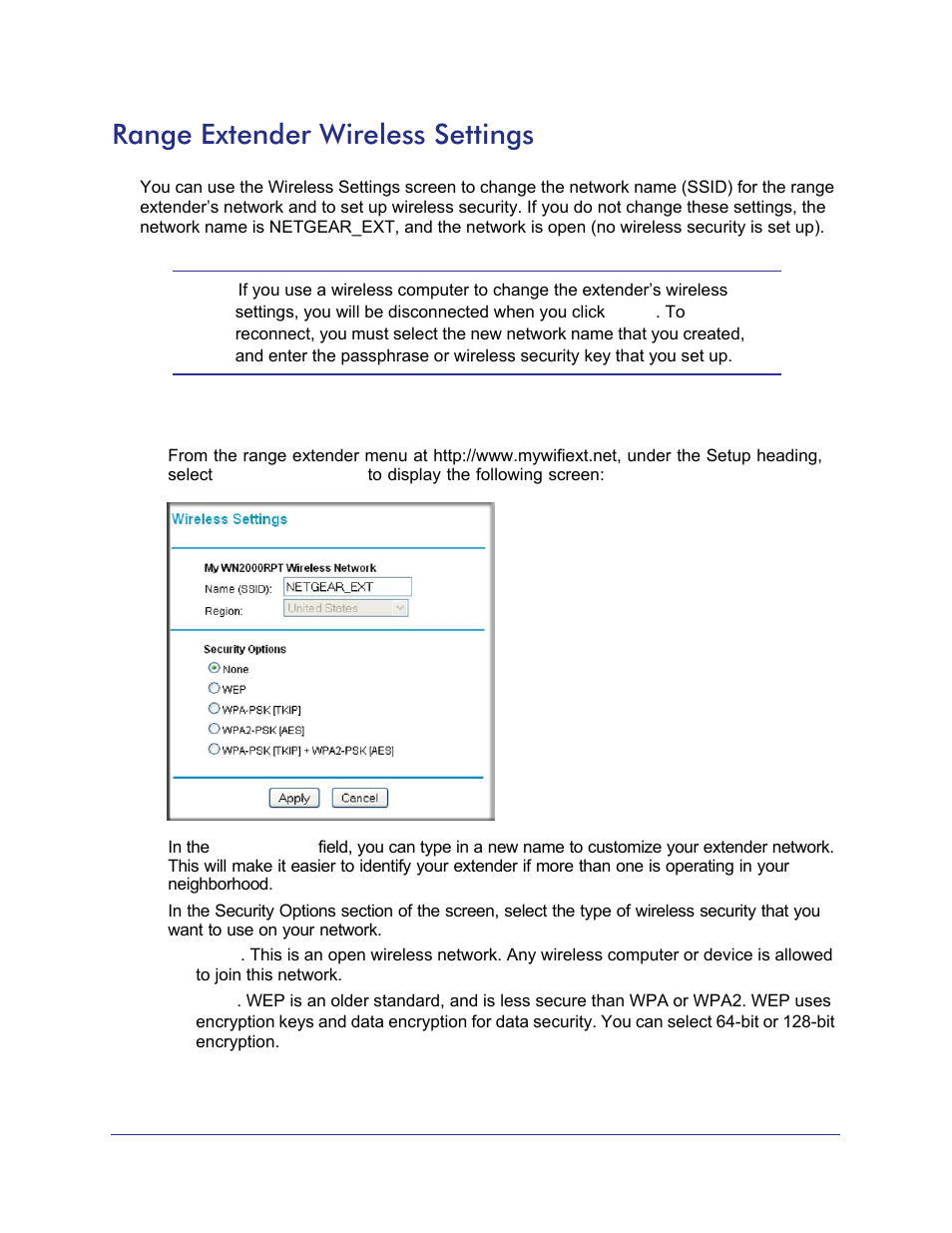 Range extender wireless settings | NETGEAR Universal WiFi Range Extender WN2000RPT User Manual | Page 13 / 31