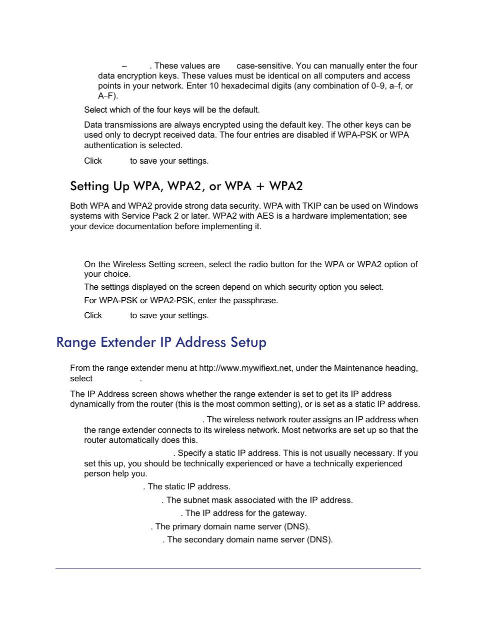 Setting up wpa, wpa2, or wpa + wpa2, Range extender ip address setup | NETGEAR Universal WiFi Range Extender WN2000RPT User Manual | Page 15 / 31