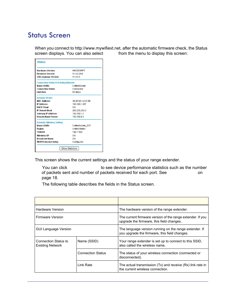 Status screen | NETGEAR Universal WiFi Range Extender WN2000RPT User Manual | Page 16 / 31