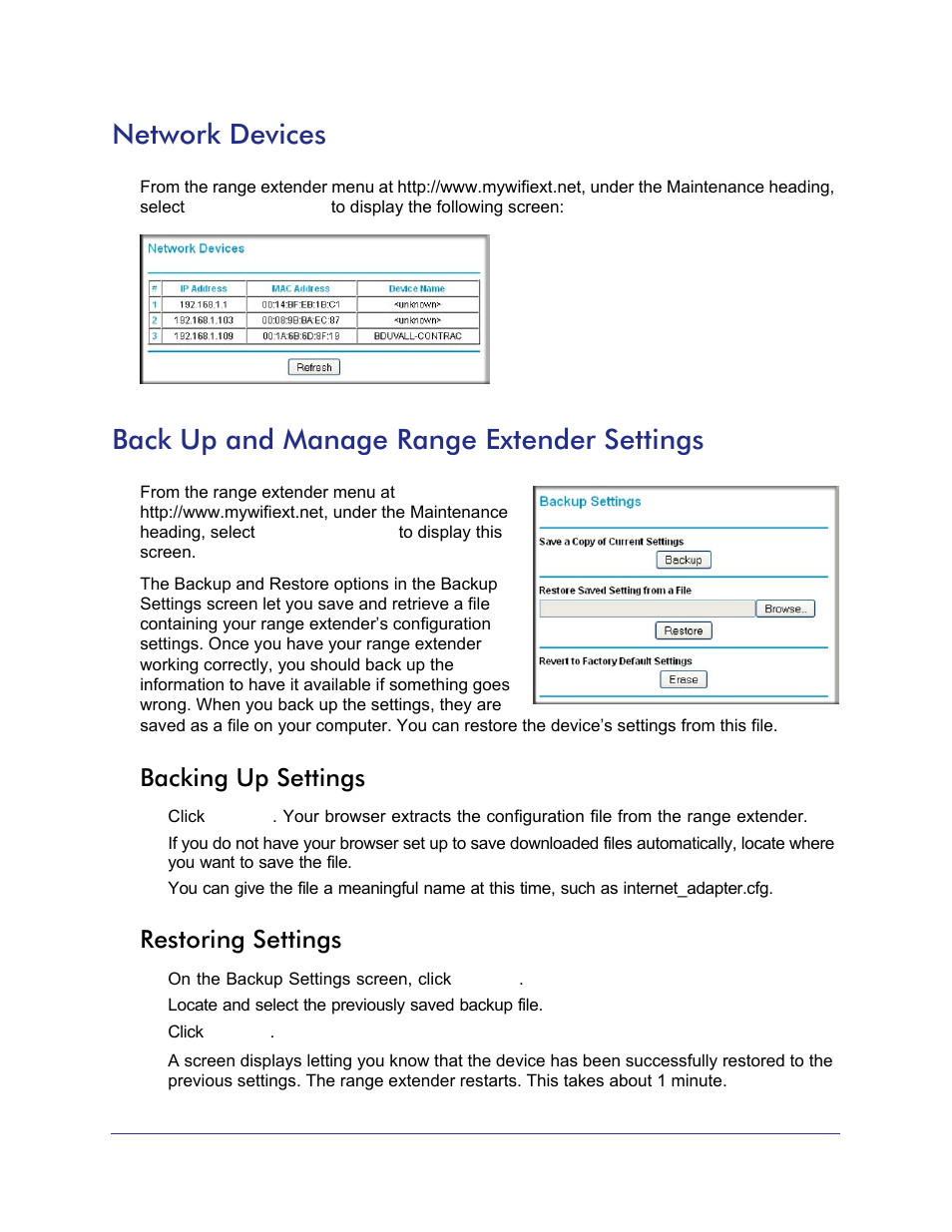 Network devices, Back up and manage range extender settings, Backing up settings | Restoring settings, Backing up settings restoring settings | NETGEAR Universal WiFi Range Extender WN2000RPT User Manual | Page 19 / 31