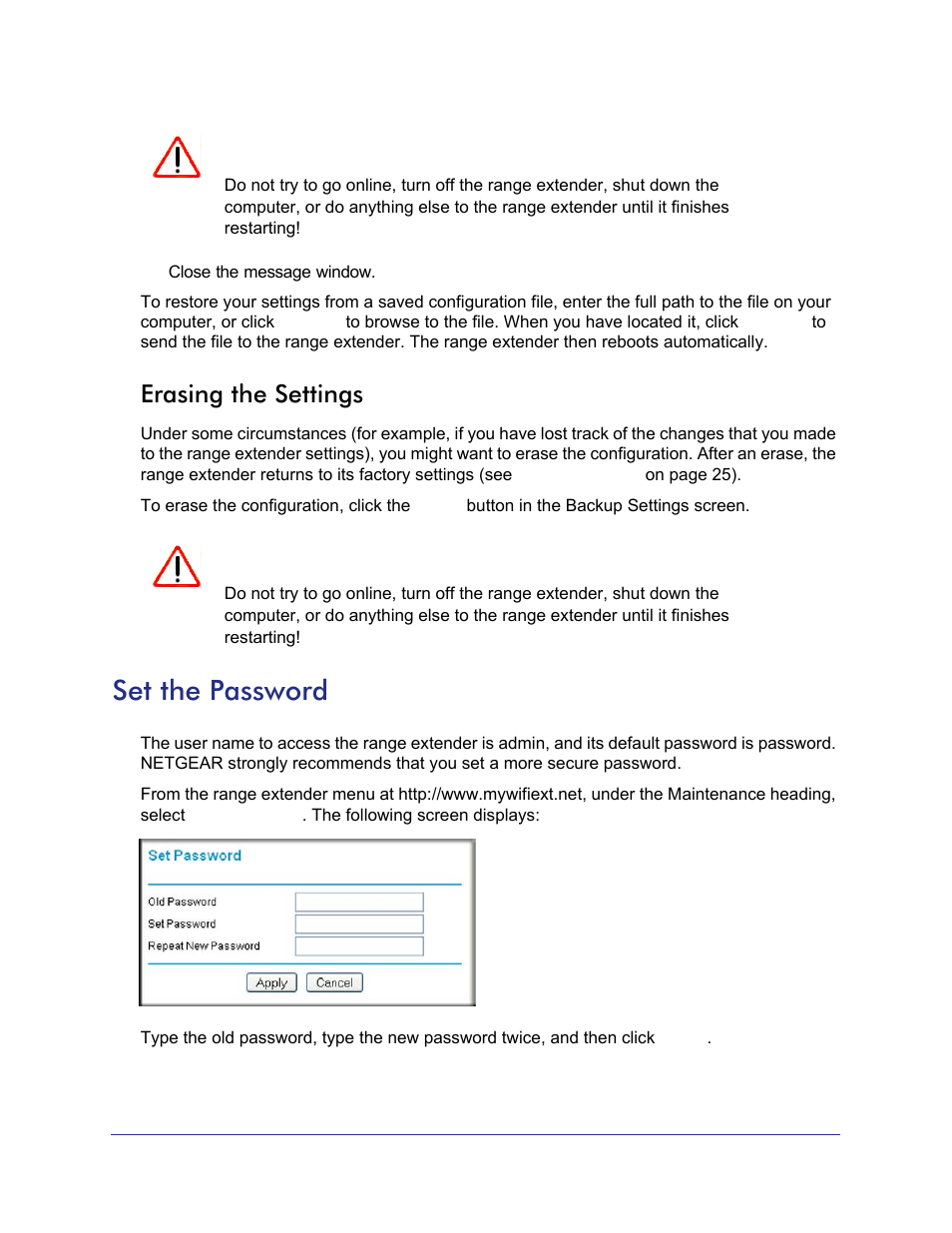 Erasing the settings, Set the password | NETGEAR Universal WiFi Range Extender WN2000RPT User Manual | Page 20 / 31