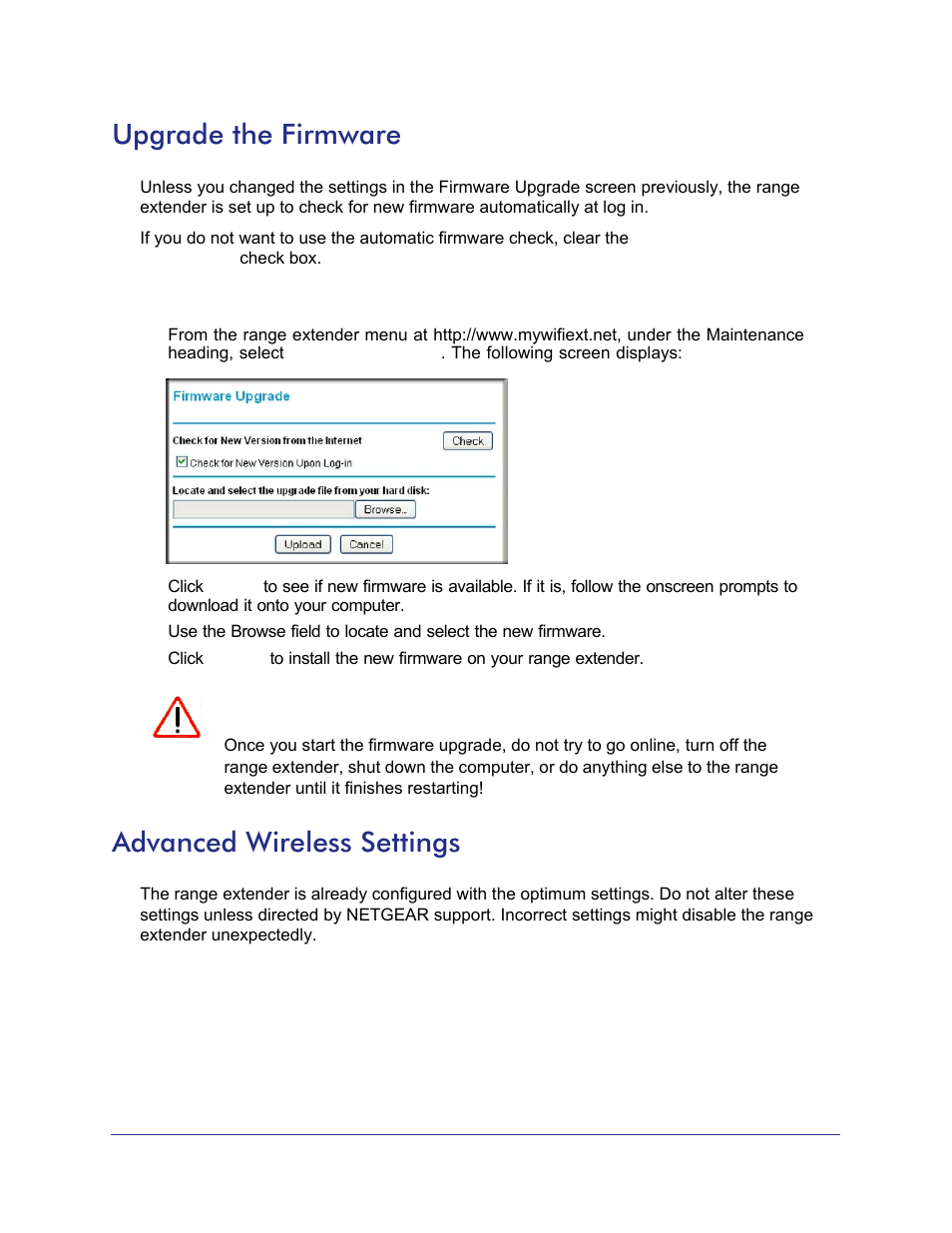 Upgrade the firmware, Advanced wireless settings, Upgrade the firmware advanced wireless settings | 21), and the software automatically | NETGEAR Universal WiFi Range Extender WN2000RPT User Manual | Page 21 / 31