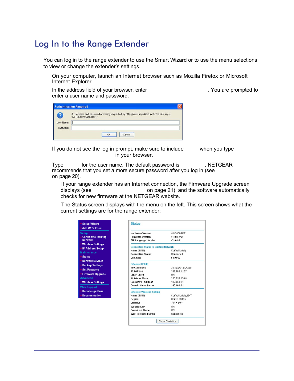 Log in to the range extender | NETGEAR Universal WiFi Range Extender WN2000RPT User Manual | Page 8 / 31