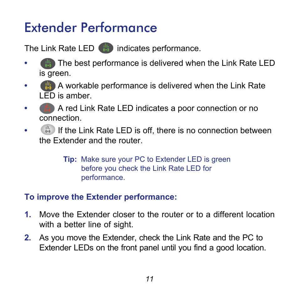 Extender performance | NETGEAR Universal WiFi Range Extender WN2000RPT User Manual | Page 11 / 16