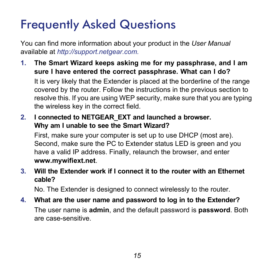 Frequently asked questions | NETGEAR Universal WiFi Range Extender WN2000RPT User Manual | Page 15 / 16