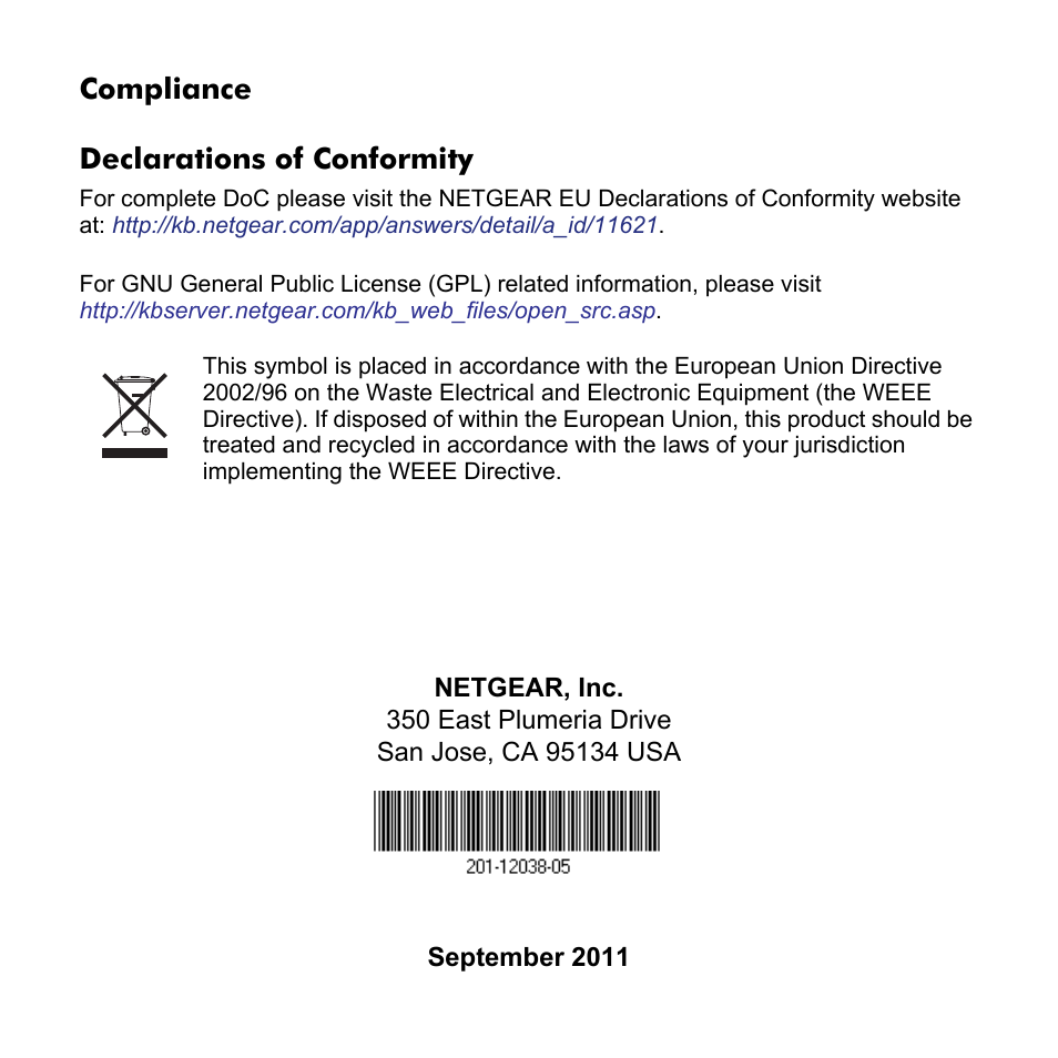 Compliance declarations of conformity | NETGEAR Universal WiFi Range Extender WN2000RPT User Manual | Page 16 / 16