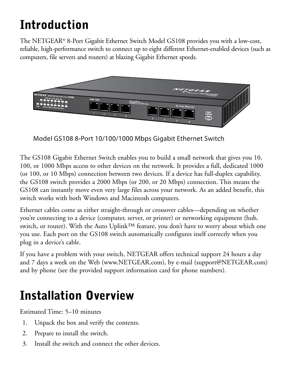 Introduction, Installation overview | NETGEAR 10/100/1000 Mbps Gigabit Ethernet GS108 User Manual | Page 3 / 8