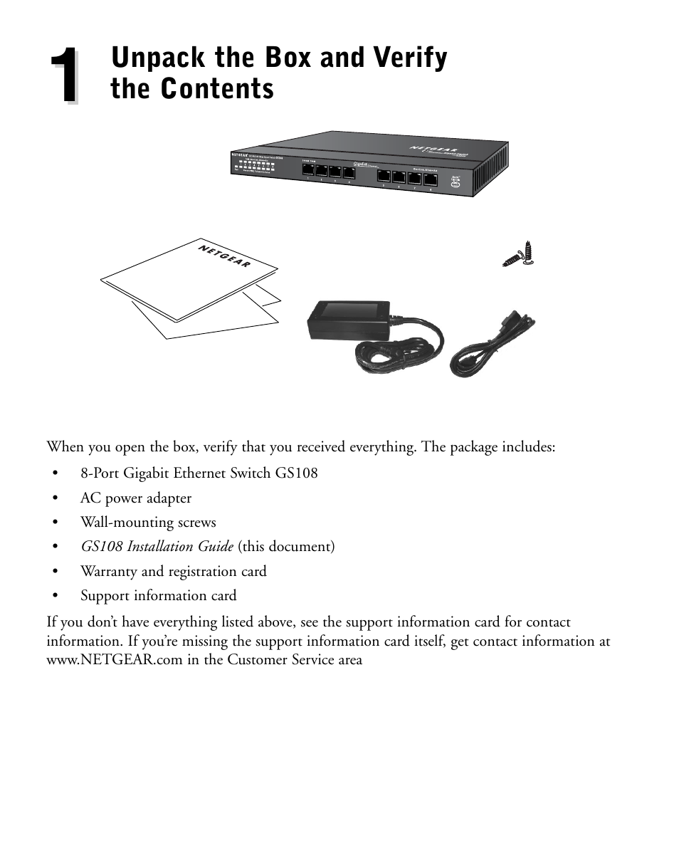 Unpack the box and verify the contents | NETGEAR 10/100/1000 Mbps Gigabit Ethernet GS108 User Manual | Page 4 / 8