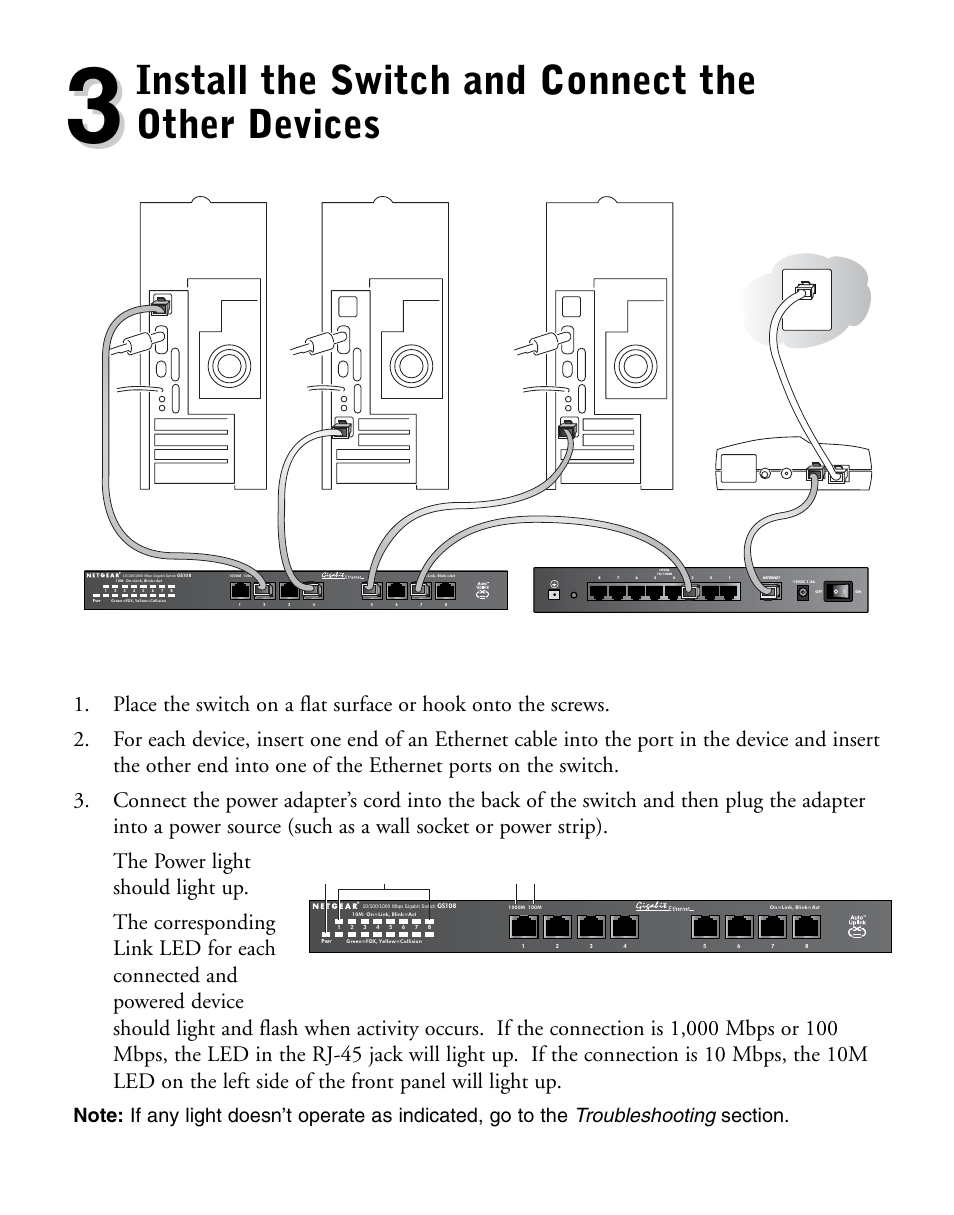 Install the switch and connect the other devices | NETGEAR 10/100/1000 Mbps Gigabit Ethernet GS108 User Manual | Page 6 / 8