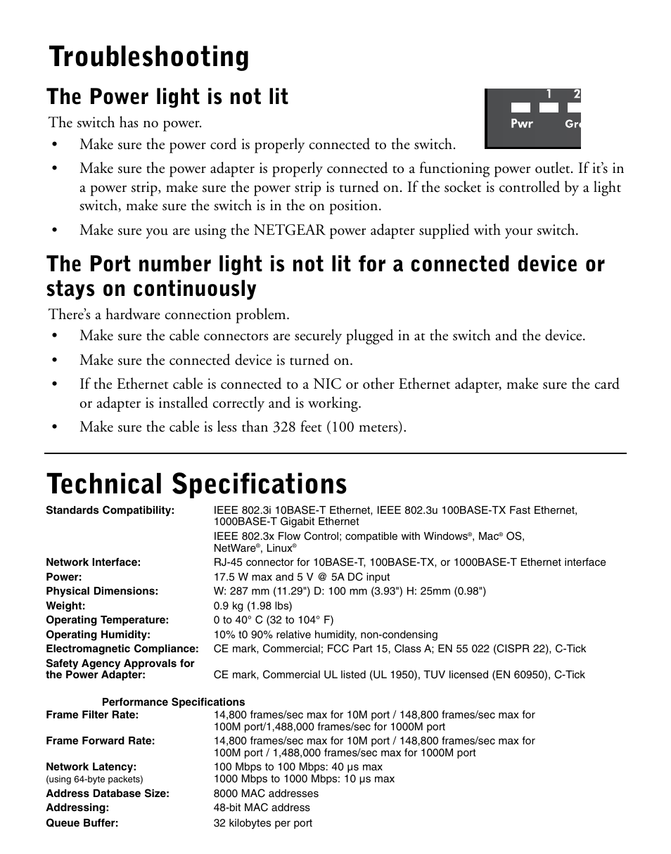 Troubleshooting, Technical specifications, The power light is not lit | NETGEAR 10/100/1000 Mbps Gigabit Ethernet GS108 User Manual | Page 7 / 8