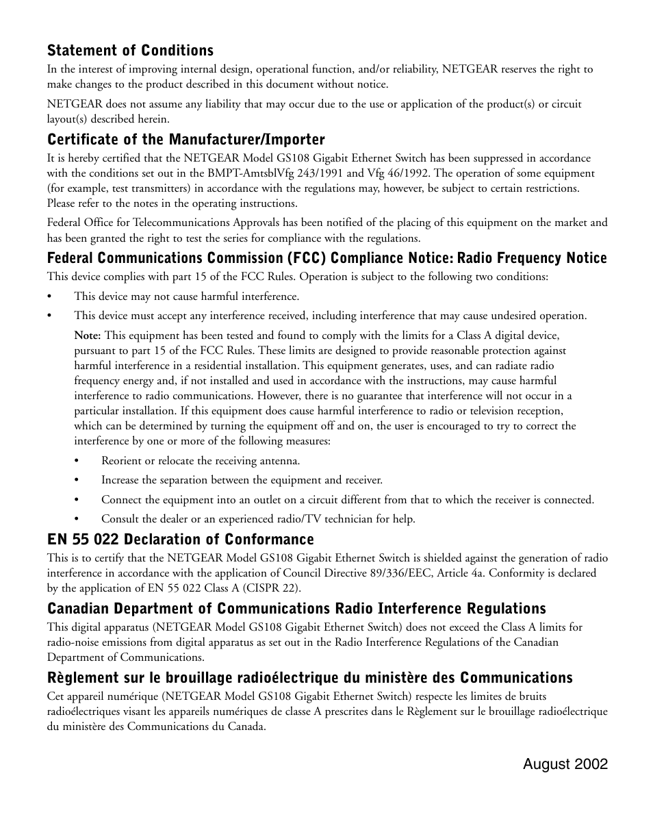 Statement of conditions, Certificate of the manufacturer/importer, August 2002 | NETGEAR 10/100/1000 Mbps Gigabit Ethernet GS108 User Manual | Page 8 / 8