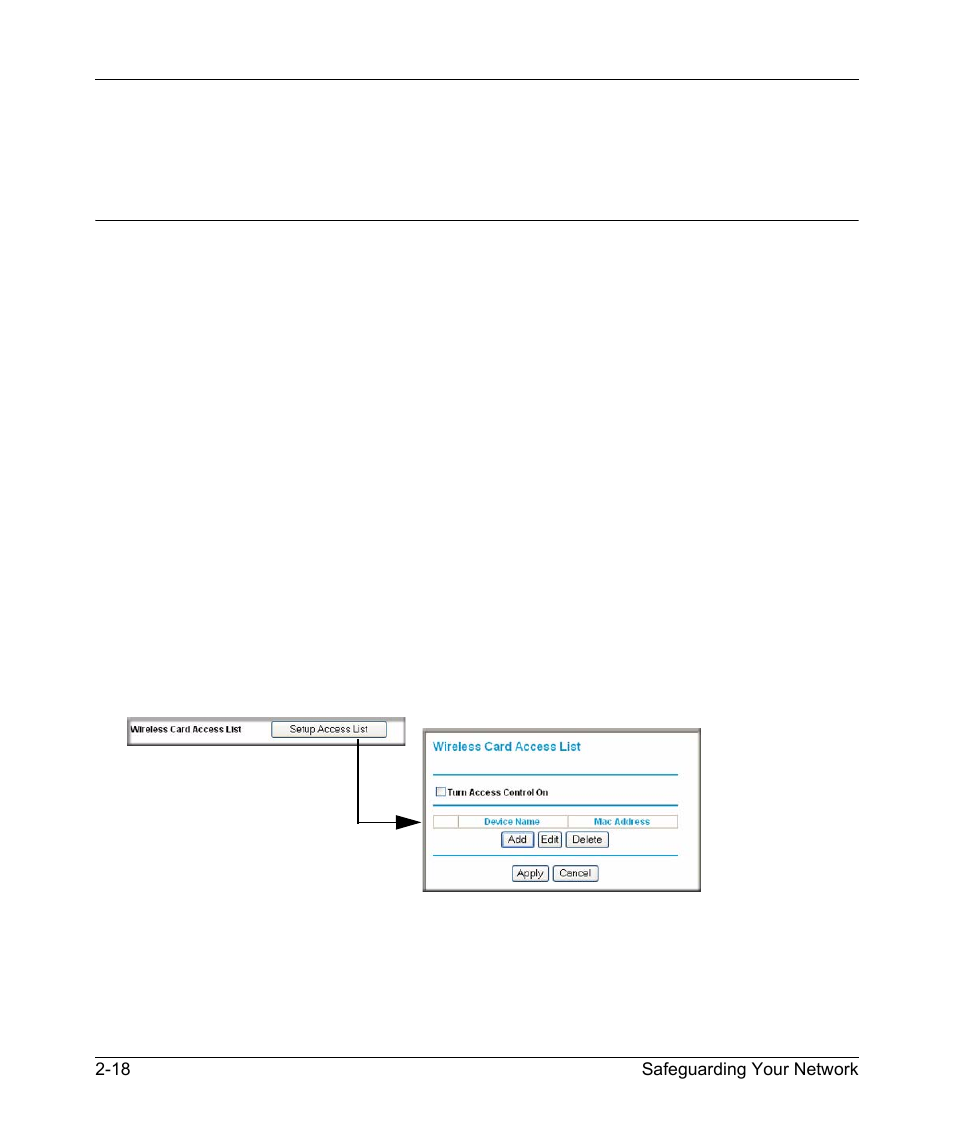 Restricting wireless access by mac address, Restricting wireless access by mac address -18, Restricting wireless | This list, see | NETGEAR N150 Wireless Router WNR1000 User Manual | Page 44 / 122