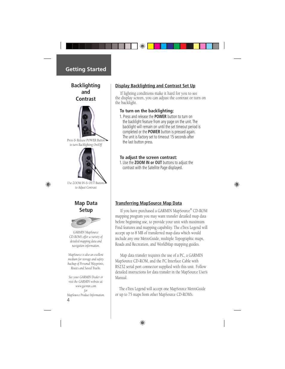 Backlighting and contrast getting started, Map data setup | Garmin eTrex Legend User Manual | Page 10 / 68
