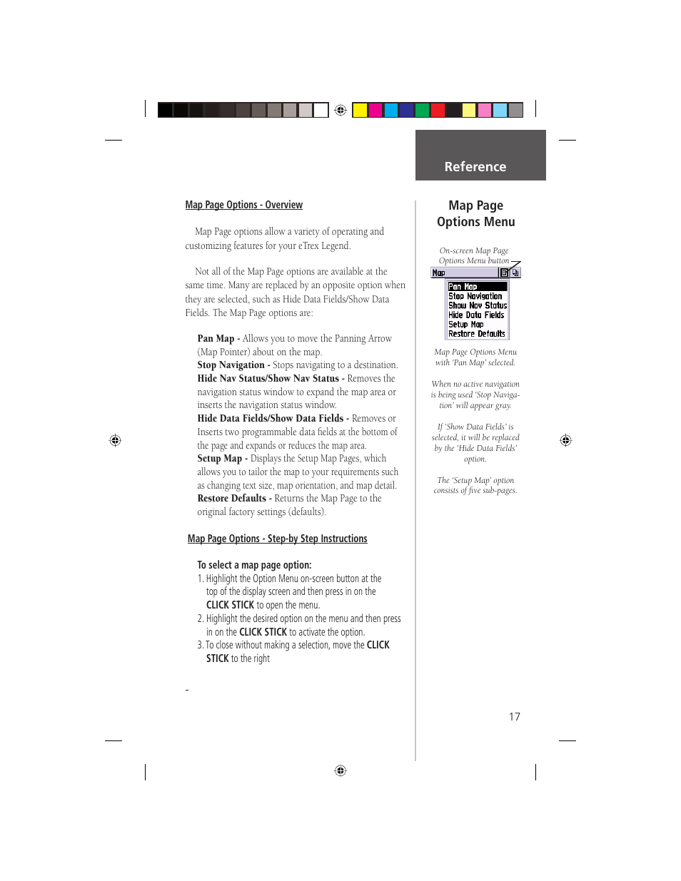 Reference map page options menu | Garmin eTrex Legend User Manual | Page 23 / 68