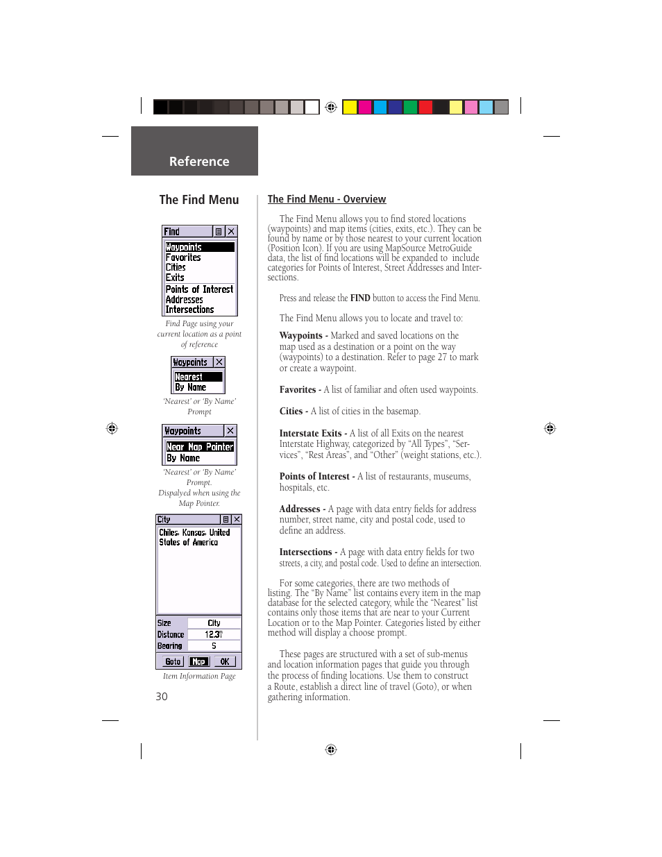 Reference, The find menu | Garmin eTrex Legend User Manual | Page 36 / 68