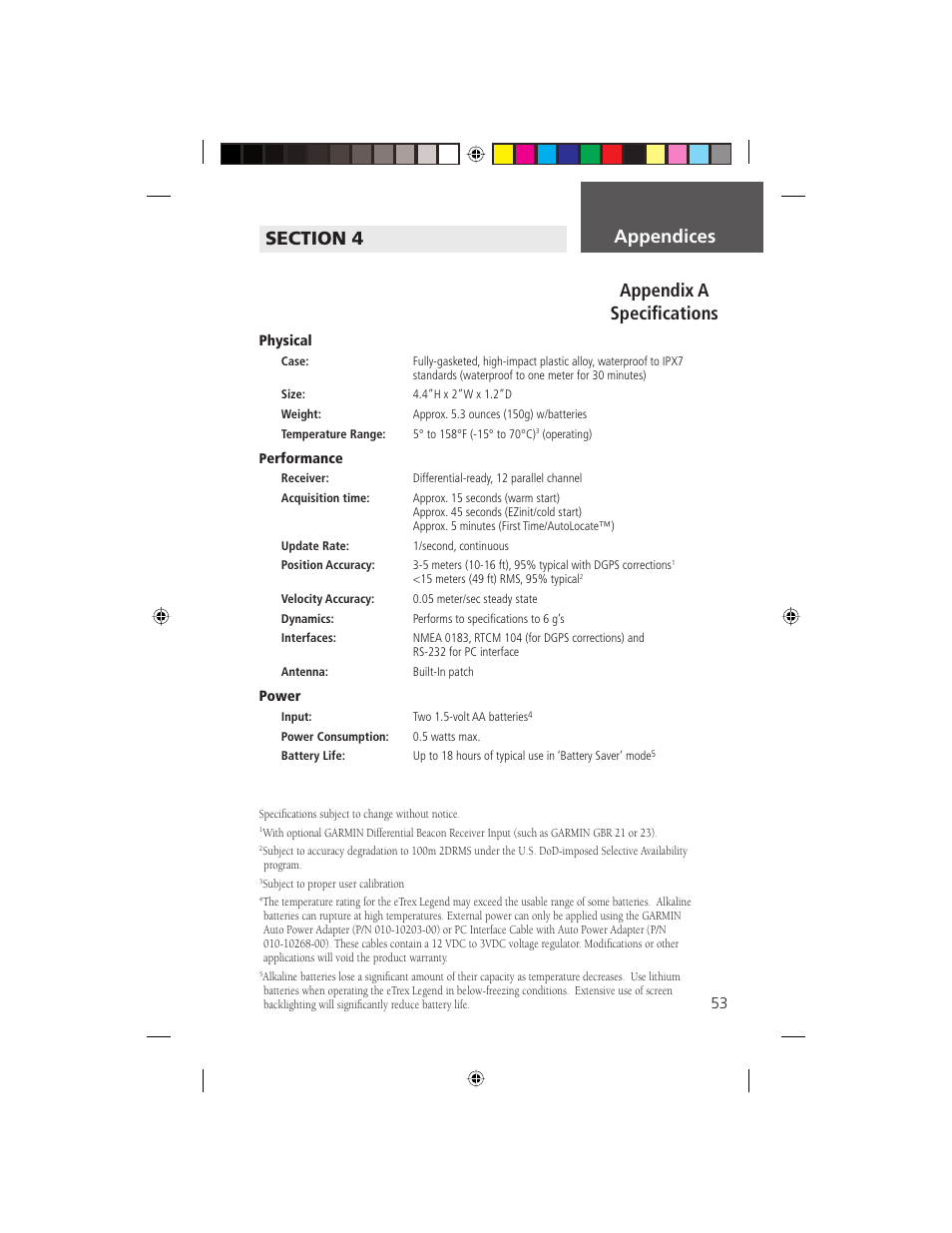 Appendix a speciﬁ cations appendices | Garmin eTrex Legend User Manual | Page 59 / 68