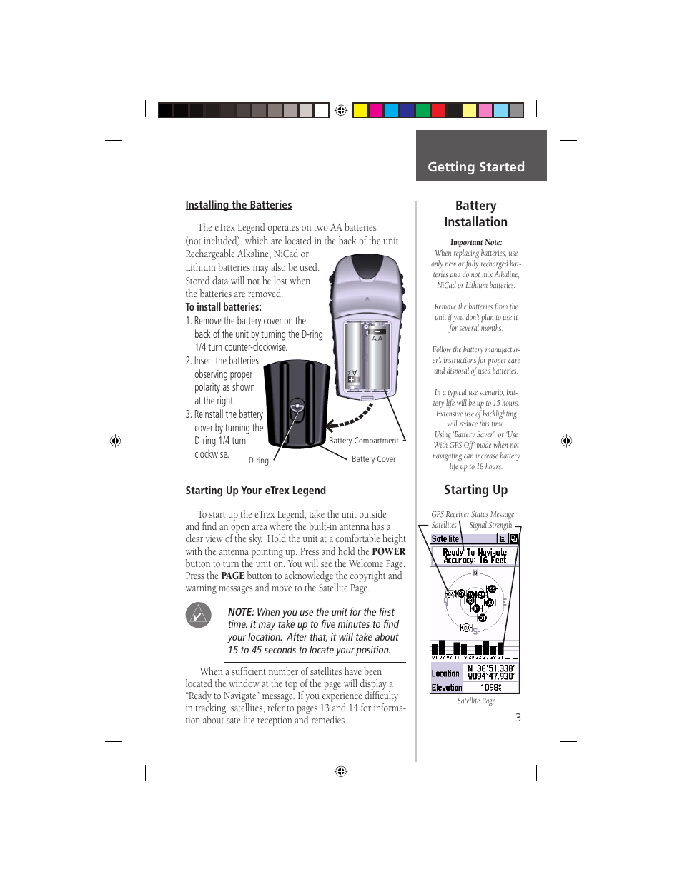 Starting up, Battery installation getting started | Garmin eTrex Legend User Manual | Page 9 / 68