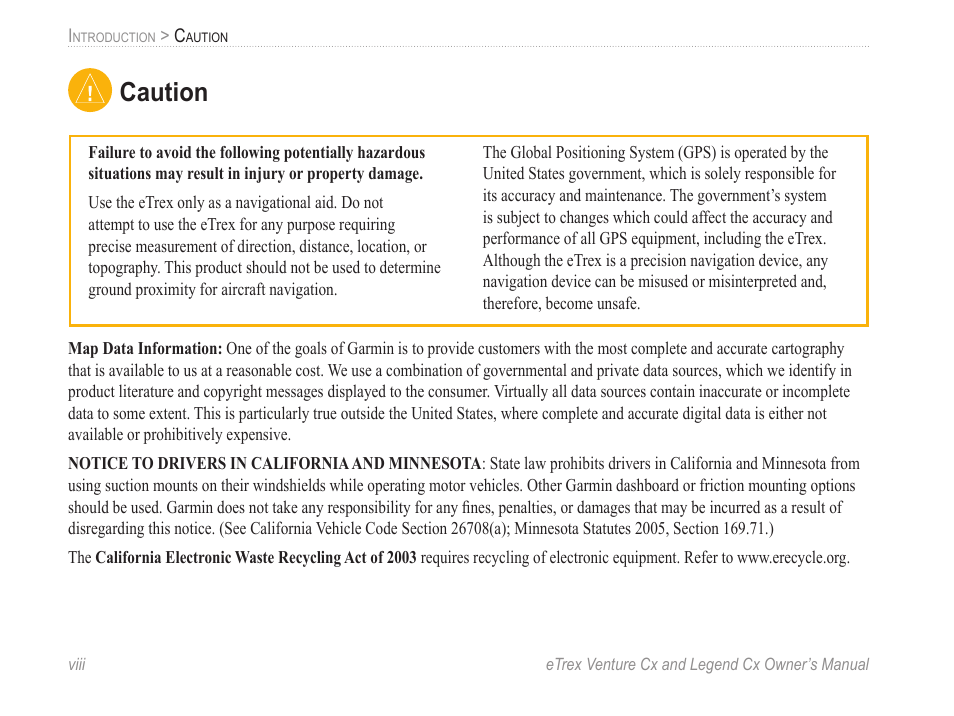 Caution | Garmin eTrex Legend Cx User Manual | Page 10 / 96