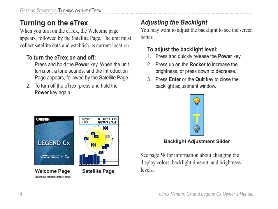 Turning on the etrex, Adjusting the backlight | Garmin eTrex Legend Cx User Manual | Page 14 / 96