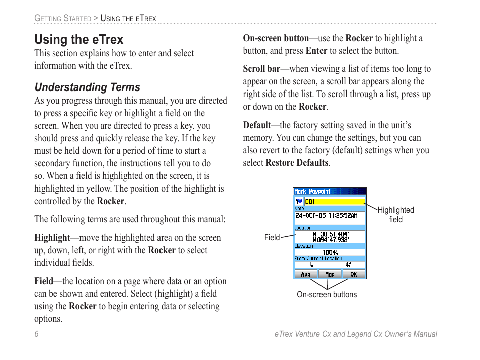 Using the etrex, Understanding terms | Garmin eTrex Legend Cx User Manual | Page 16 / 96