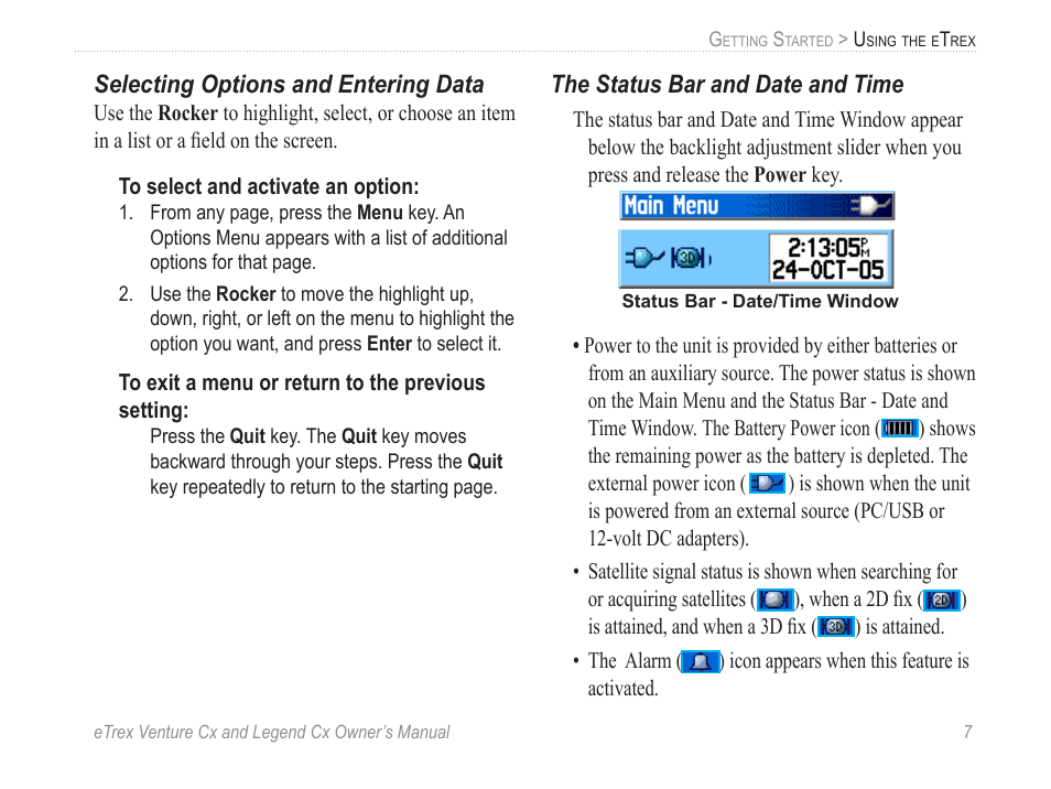 Selecting options and entering data, The status bar and date and time | Garmin eTrex Legend Cx User Manual | Page 17 / 96