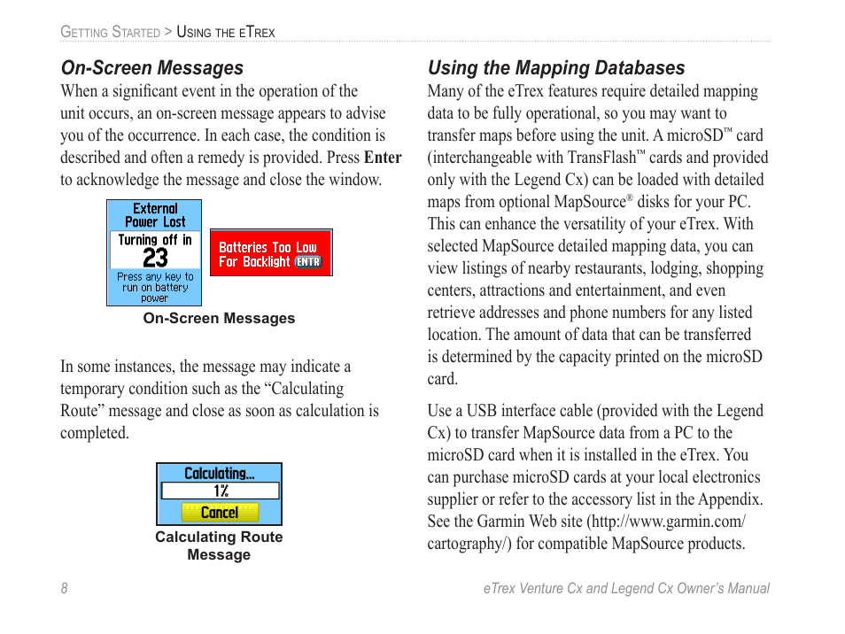 On-screen messages, Using the mapping databases | Garmin eTrex Legend Cx User Manual | Page 18 / 96