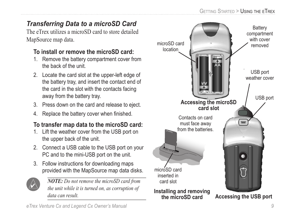 Transferring data to a microsd card | Garmin eTrex Legend Cx User Manual | Page 19 / 96