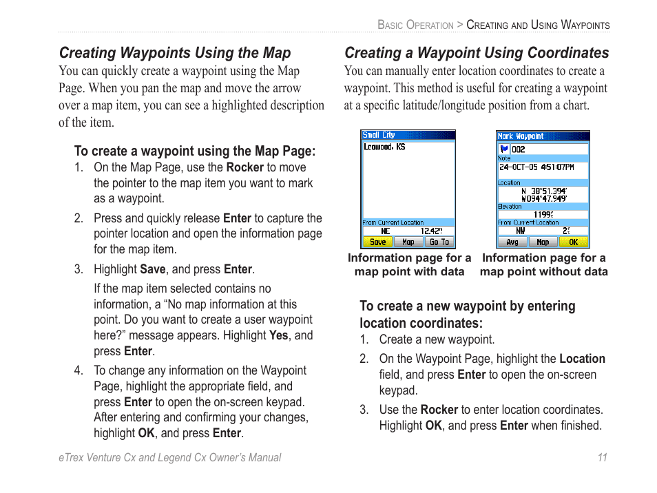 Creating waypoints using the map, Creating a waypoint using coordinates | Garmin eTrex Legend Cx User Manual | Page 21 / 96