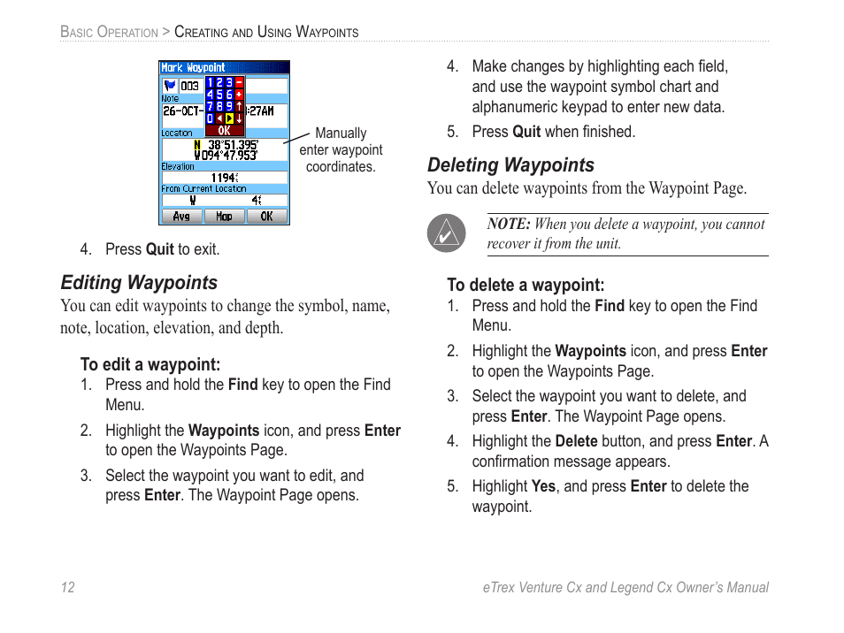 Editing waypoints, Deleting waypoints | Garmin eTrex Legend Cx User Manual | Page 22 / 96