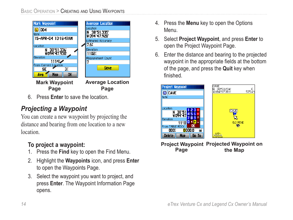 Projecting a waypoint | Garmin eTrex Legend Cx User Manual | Page 24 / 96