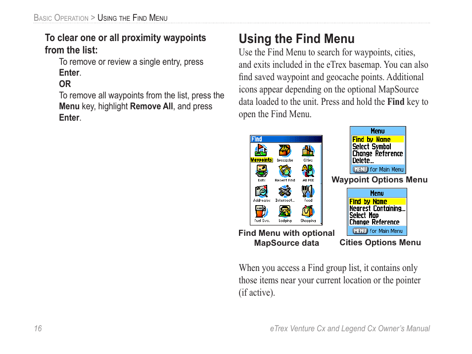 Using the find menu | Garmin eTrex Legend Cx User Manual | Page 26 / 96