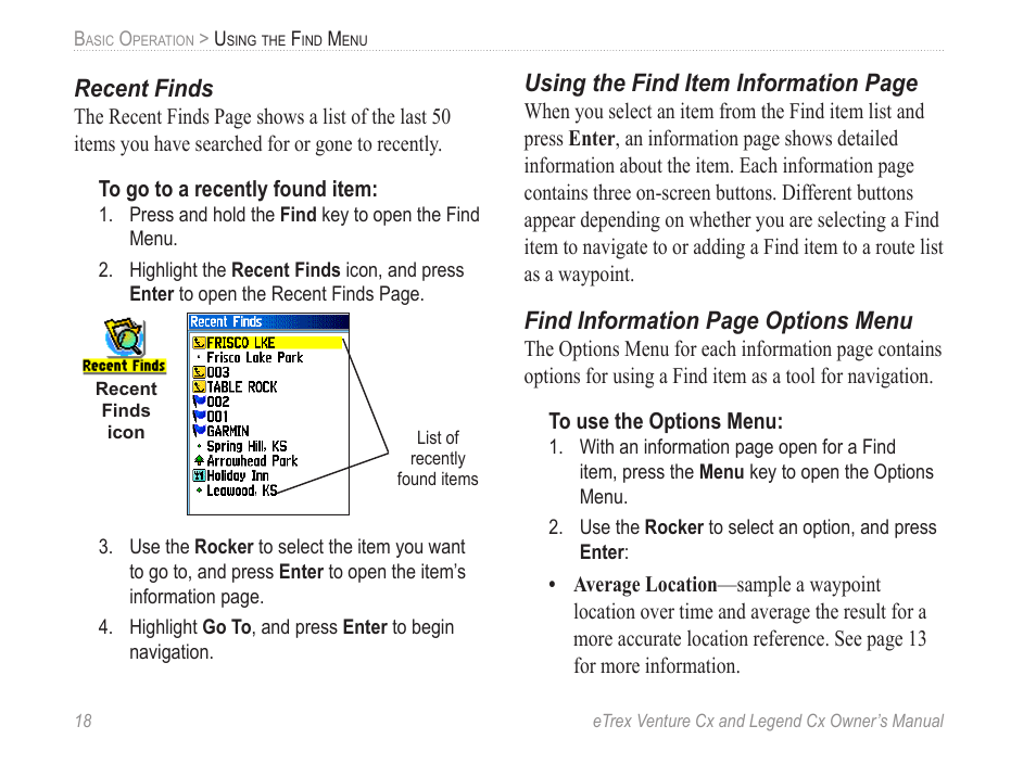 Recent finds, Using the find item information page, Find information page options menu | Garmin eTrex Legend Cx User Manual | Page 28 / 96