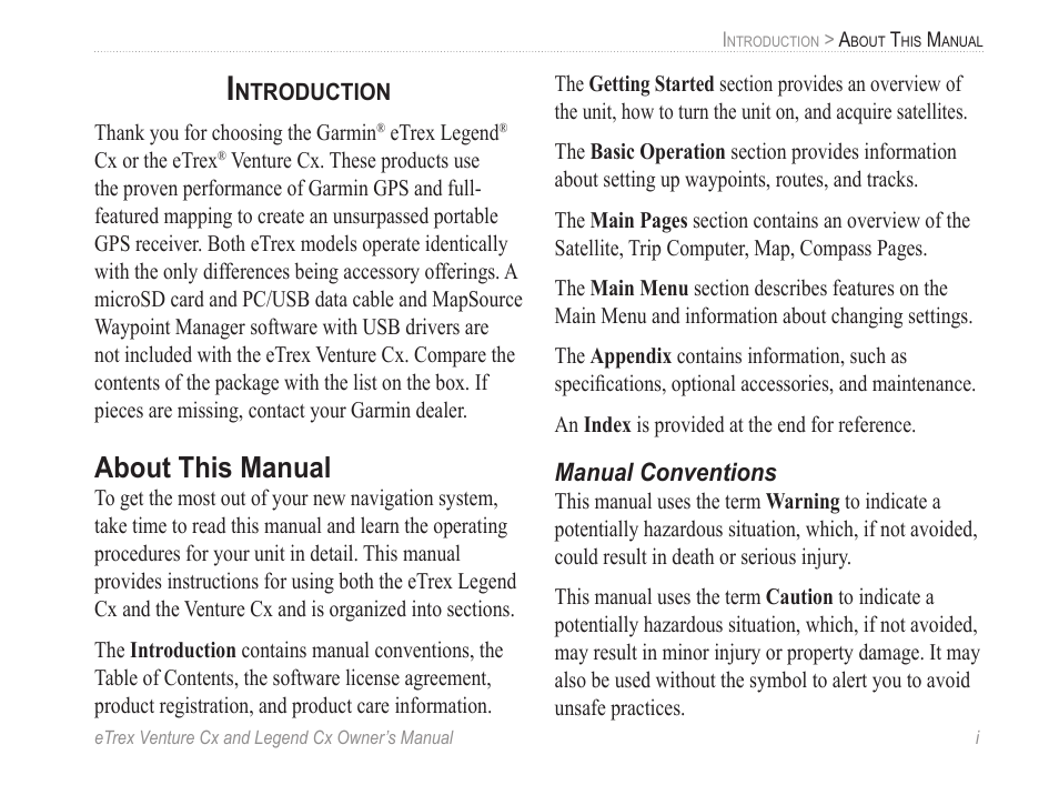 Introduction, About this manual, Manual conventions | Garmin eTrex Legend Cx User Manual | Page 3 / 96