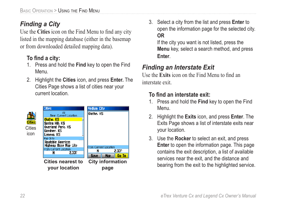 Finding a city, Finding an interstate exit | Garmin eTrex Legend Cx User Manual | Page 32 / 96