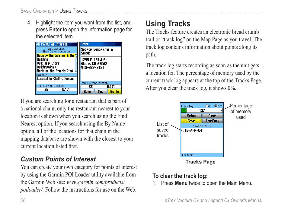Custom points of interest, Using tracks | Garmin eTrex Legend Cx User Manual | Page 36 / 96