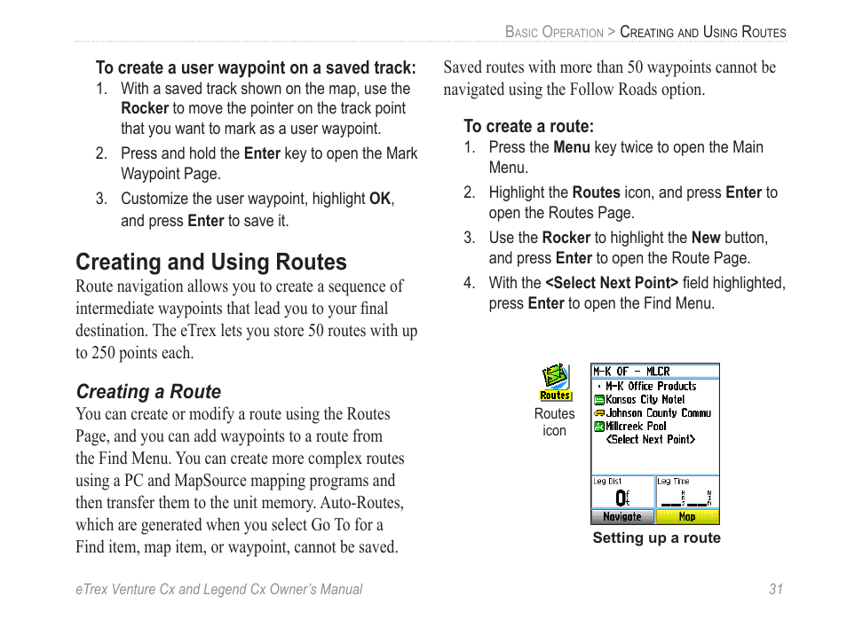 Creating and using routes, Creating a route | Garmin eTrex Legend Cx User Manual | Page 41 / 96