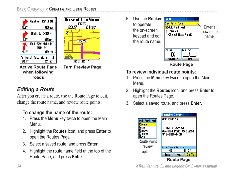 Editing a route | Garmin eTrex Legend Cx User Manual | Page 44 / 96