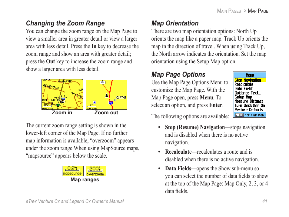Changing the zoom range, Map orientation | Garmin eTrex Legend Cx User Manual | Page 51 / 96