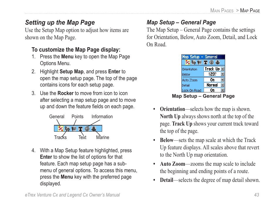 Setting up the map page | Garmin eTrex Legend Cx User Manual | Page 53 / 96