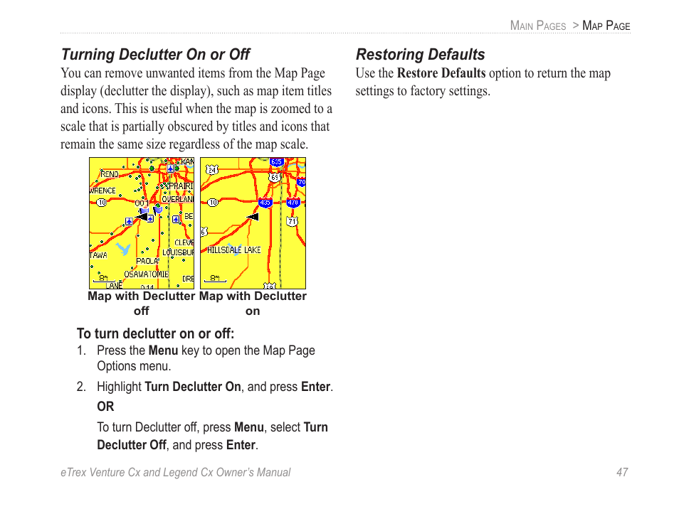 Turning declutter on or off, Restoring defaults | Garmin eTrex Legend Cx User Manual | Page 57 / 96