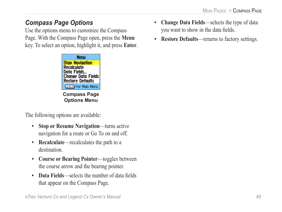 Compass page options | Garmin eTrex Legend Cx User Manual | Page 59 / 96